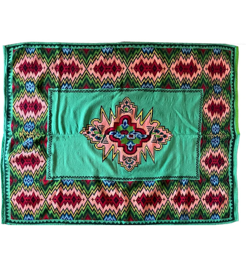 Vintage Green Geometric Romanian Wool Rug, 185x158 cm