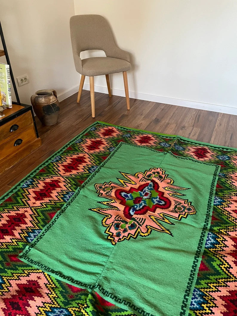 Vintage Green Geometric Romanian Wool Rug, 185x158 cm, view 2