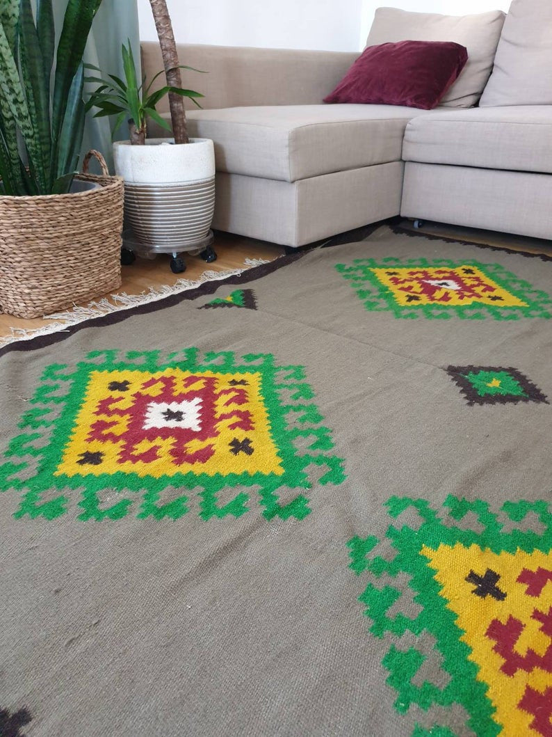 Vintage Gray Geometric Romanian Wool Rug, 195x168 cm, view 9