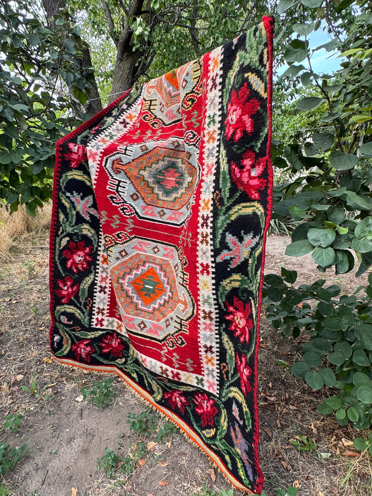 Vintage Geometric Romanian Wool Rug, 230x130 cm