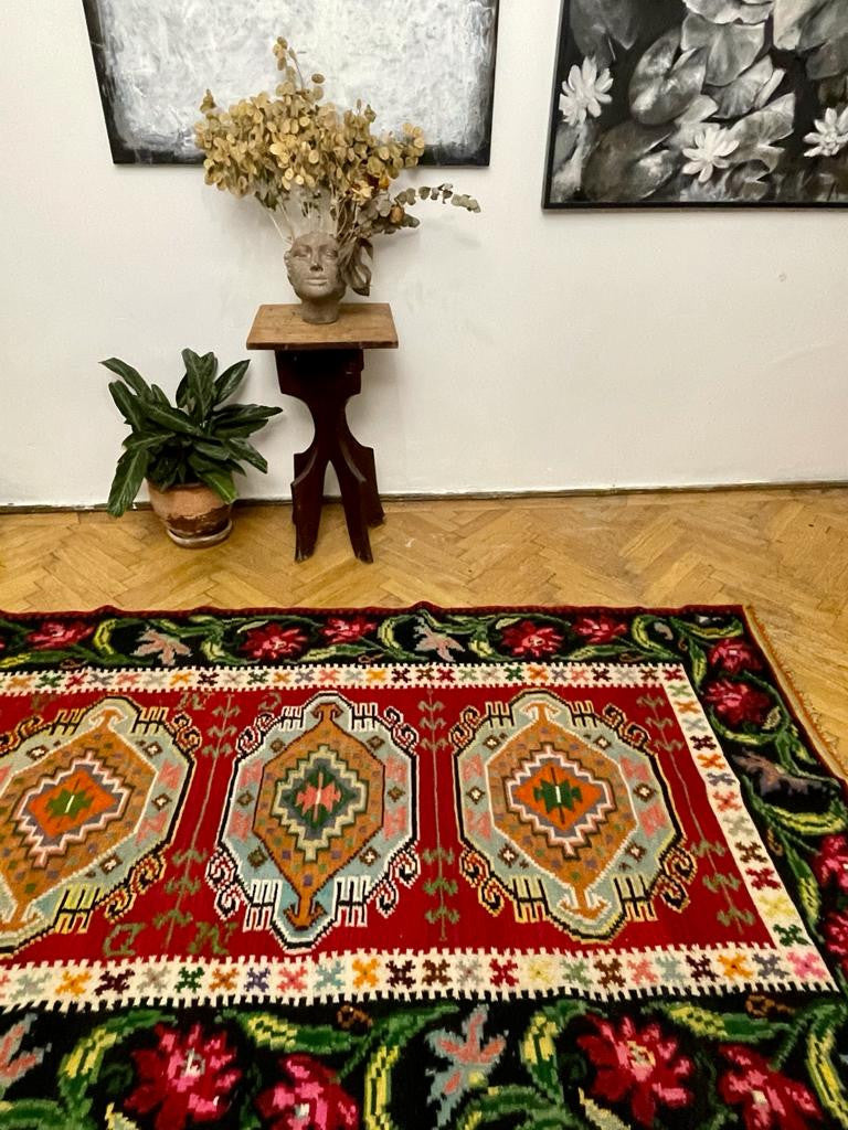 Vintage Geometric Romanian Wool Rug, 230x130 cm, view 3