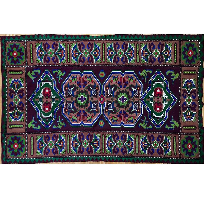 Vintage Wine Red Geometric Romanian Wool Rug, 285x140 cm