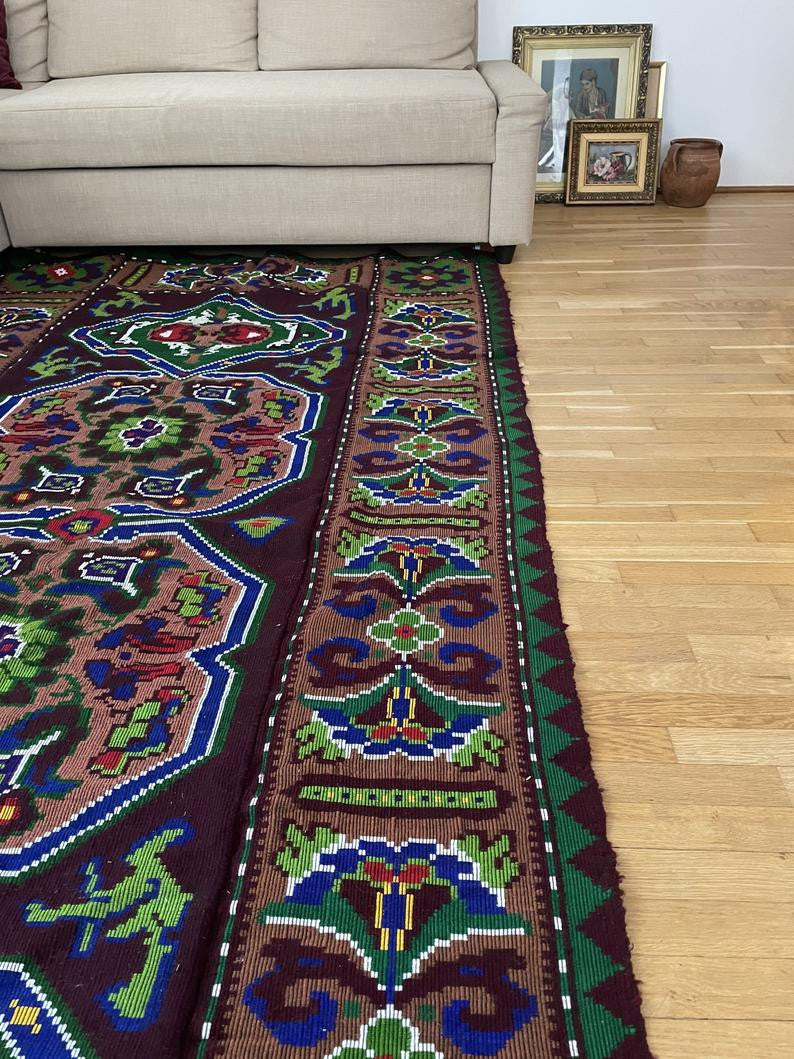 Vintage Wine Red Geometric Romanian Wool Rug, 285x140 cm, view 8