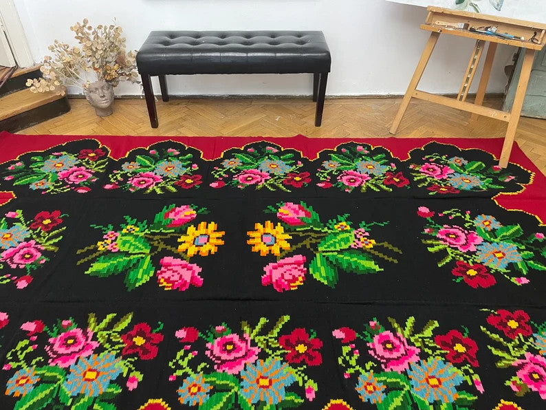 Vintage Blue Floral Romanian Wool Rug, 294x180 cm, view 7