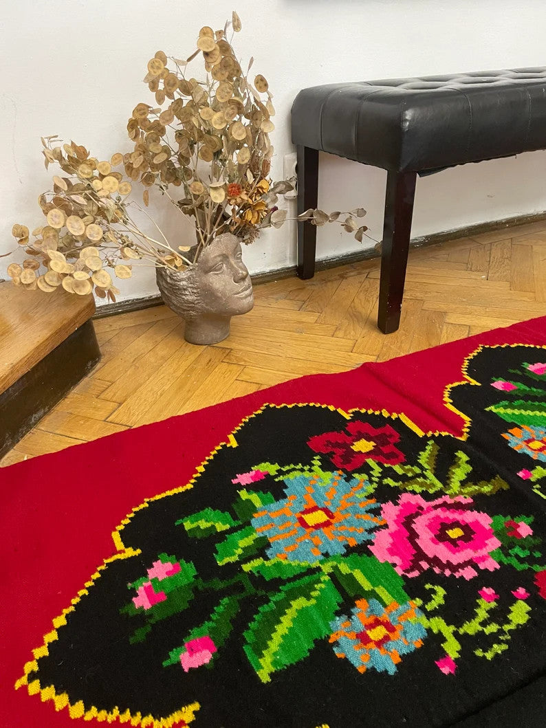 Vintage Blue Floral Romanian Wool Rug, 294x180 cm, view 9