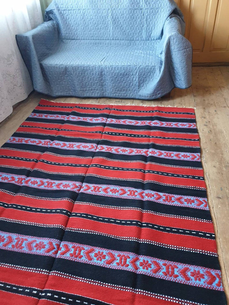 Vintage Red Striped Romanian Wool Rug, 230x160 cm