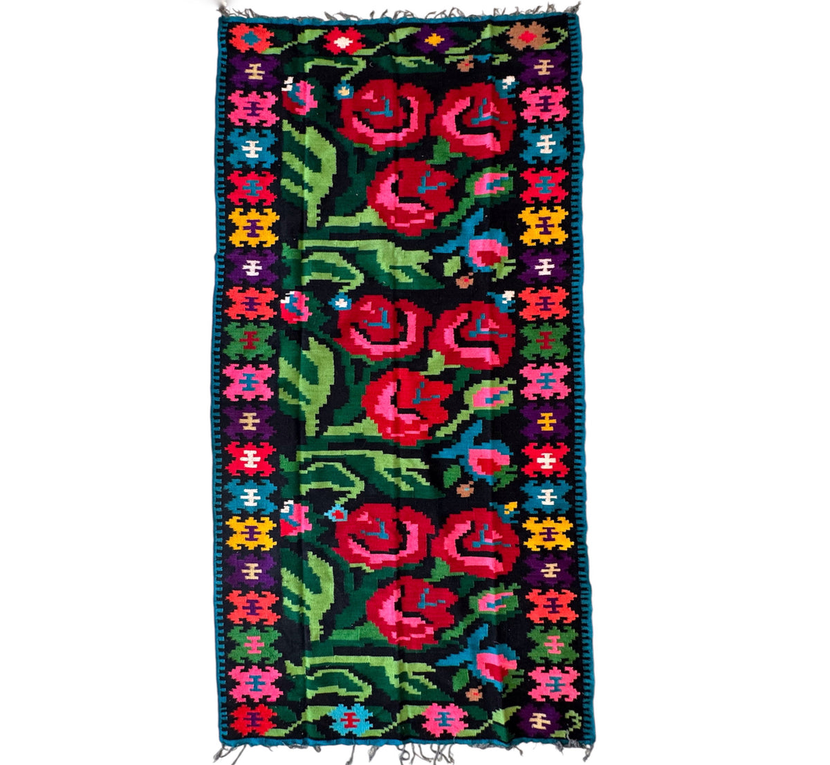 Vintage Black Floral Romanian Wool Runner Rug, 263x115 cm