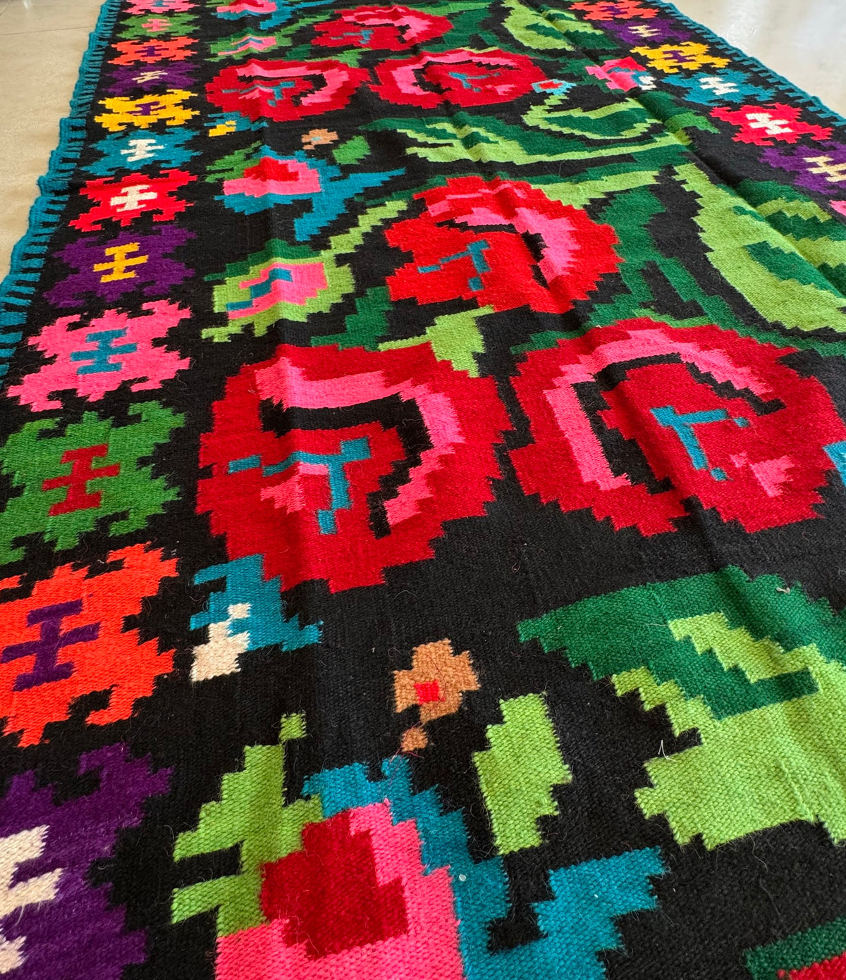 Vintage Black Floral Romanian Wool Runner Rug, 263x115 cm, view 10