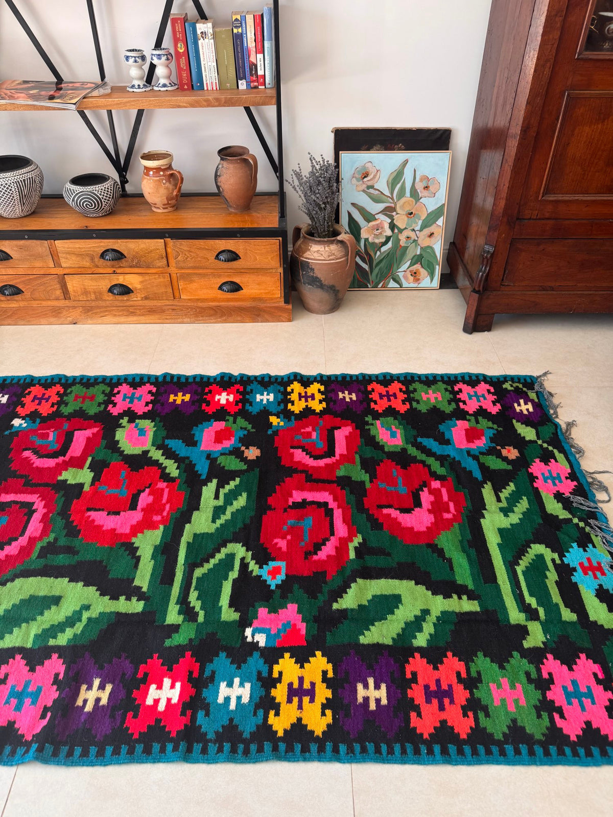 Vintage Black Floral Romanian Wool Runner Rug, 263x115 cm, view 2