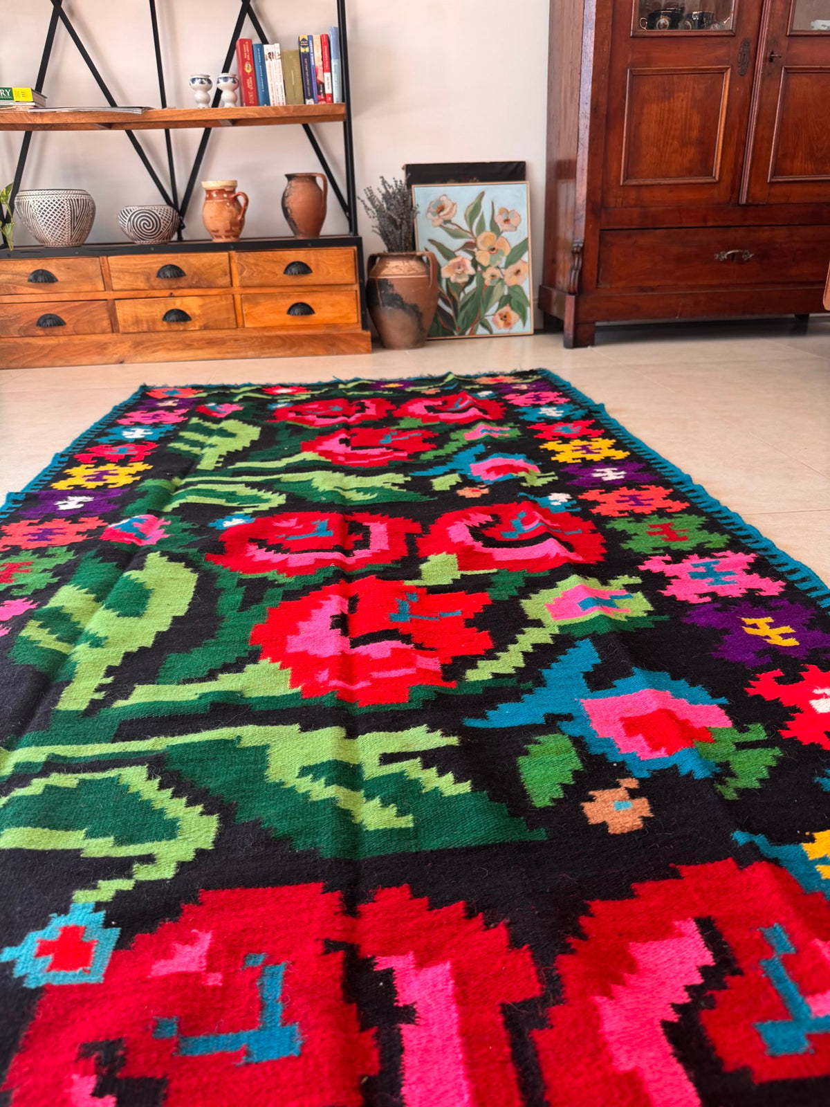 Vintage Black Floral Romanian Wool Runner Rug, 263x115 cm, view 3