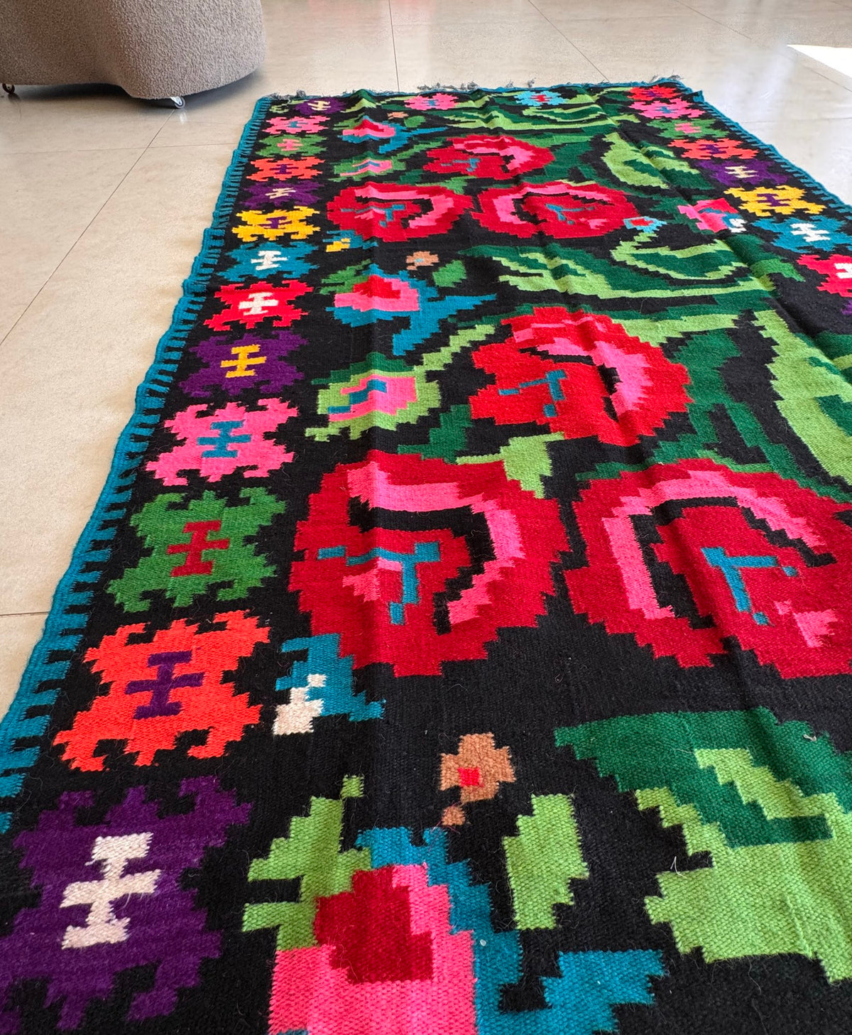 Vintage Black Floral Romanian Wool Runner Rug, 263x115 cm, view 9