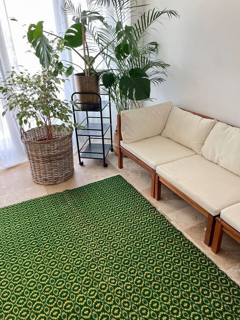 Vintage Green Geometric Romanian Wool Rug, 208x128 cm, view 3