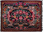 A square area rug with a traditional floral pattern on a black background, featuring red, pink, and gold floral motifs with a dark fringed edge.