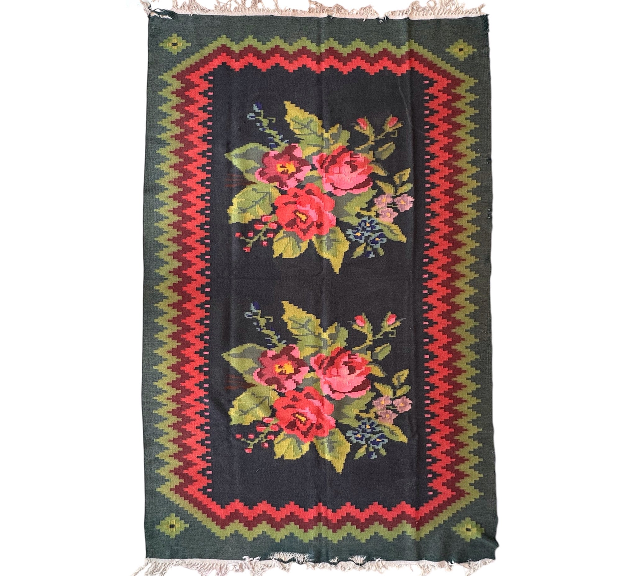 Vintage Green Floral Bessarabian Wool Rug, 245x140 cm