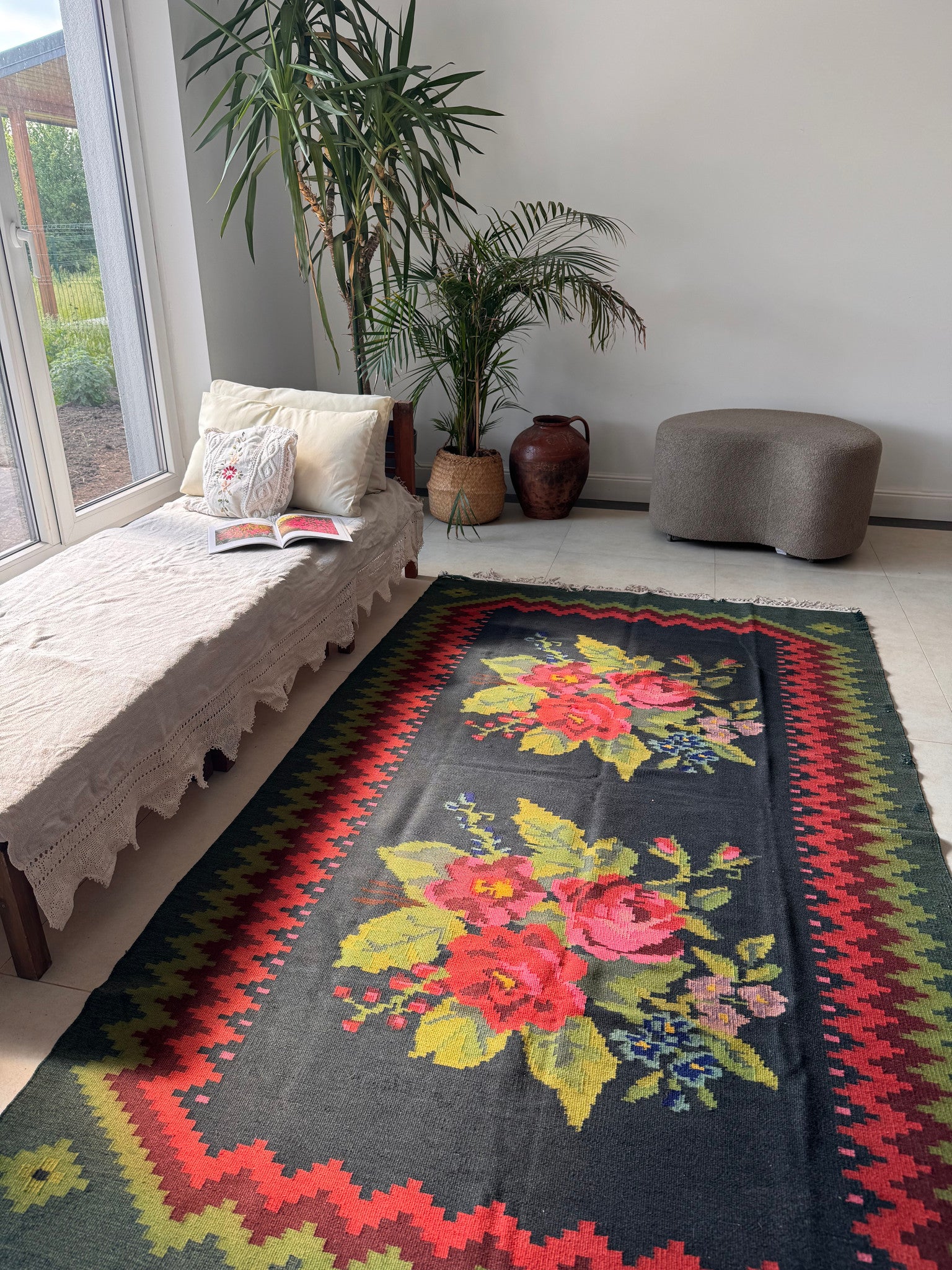Vintage Green Floral Bessarabian Wool Rug, 245x140 cm, view 7