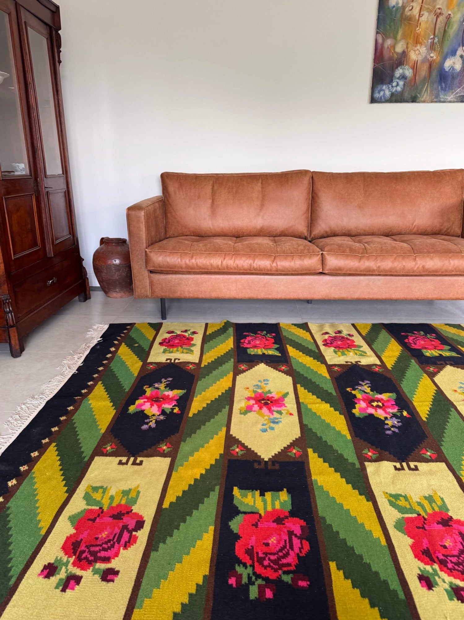 Vintage Green Floral Bessarabian Wool Rug, 300x200 cm, view 2