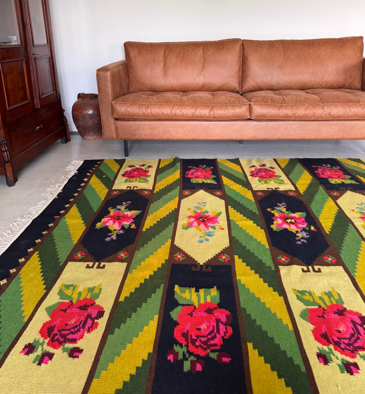 Vintage Green Floral Bessarabian Wool Rug, 300x200 cm, view 3