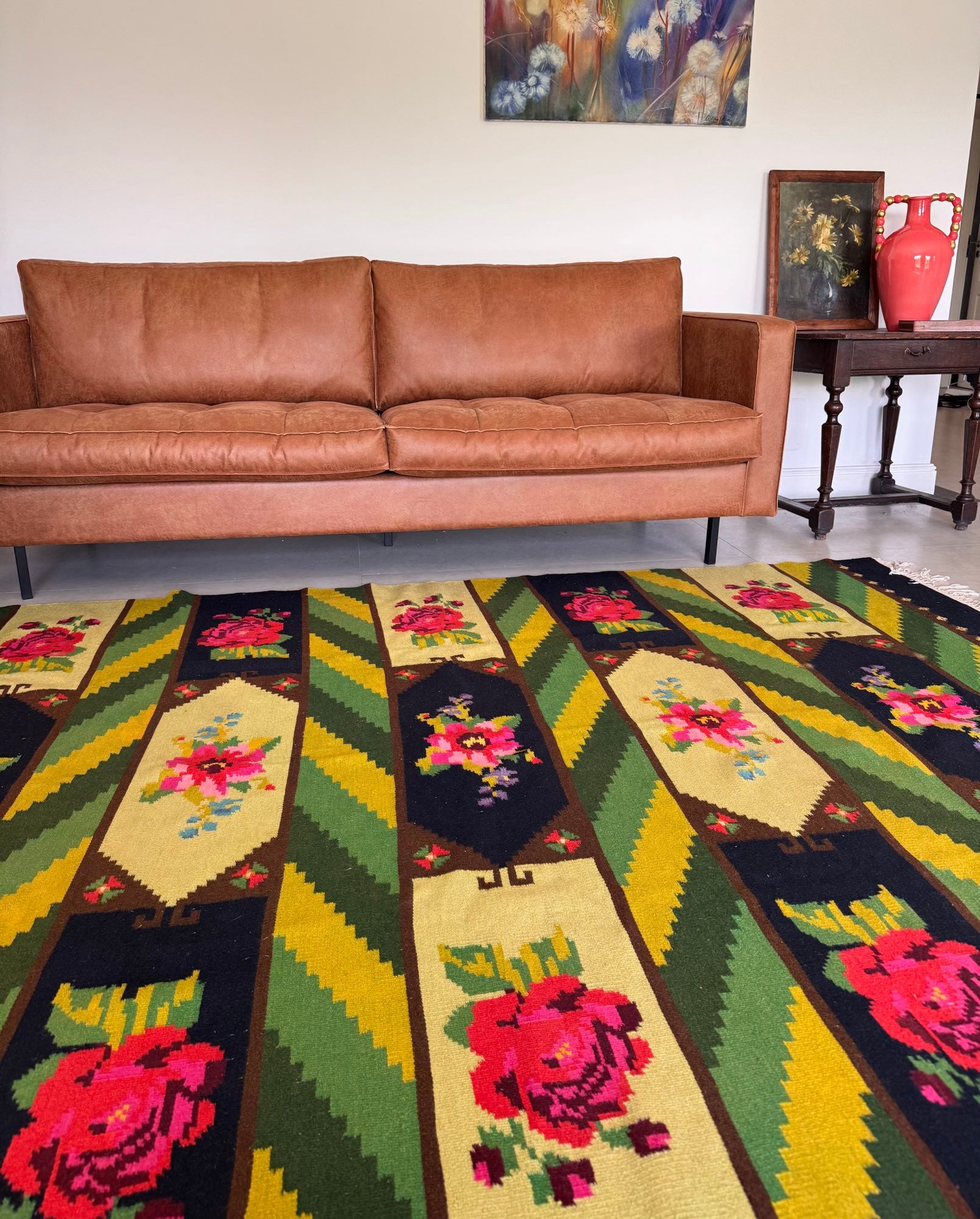 Vintage Green Floral Bessarabian Wool Rug, 300x200 cm, view 4