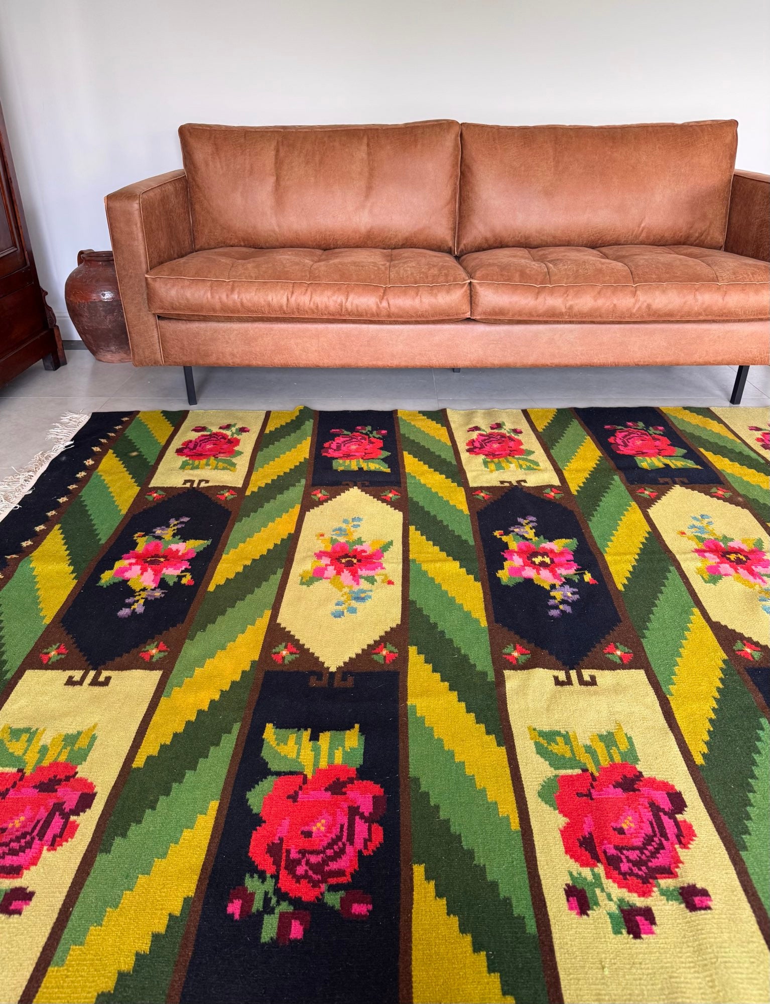 Vintage Green Floral Bessarabian Wool Rug, 300x200 cm, view 5