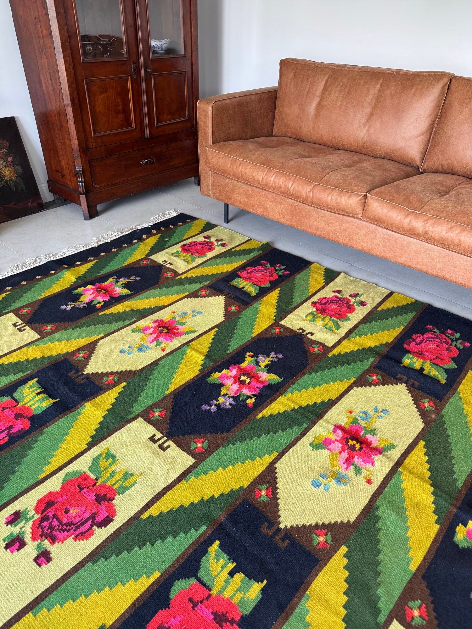 Vintage Green Floral Bessarabian Wool Rug, 300x200 cm, view 6