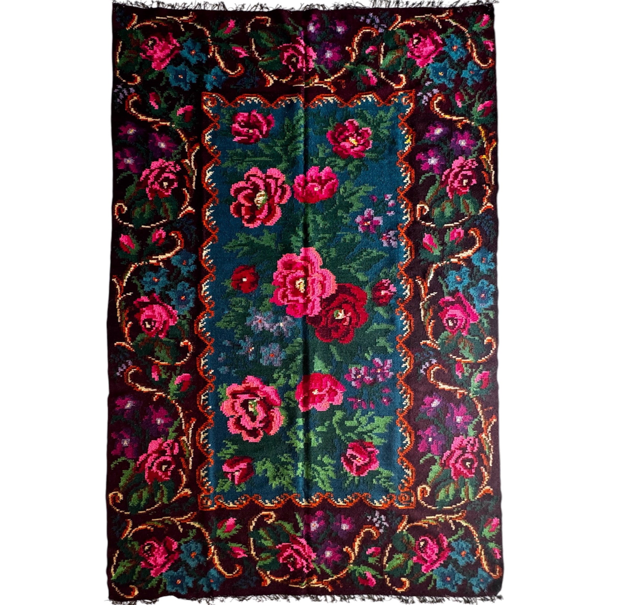 Handwoven Blue Floral Bessarabian Wool Rug, 335x175 cm