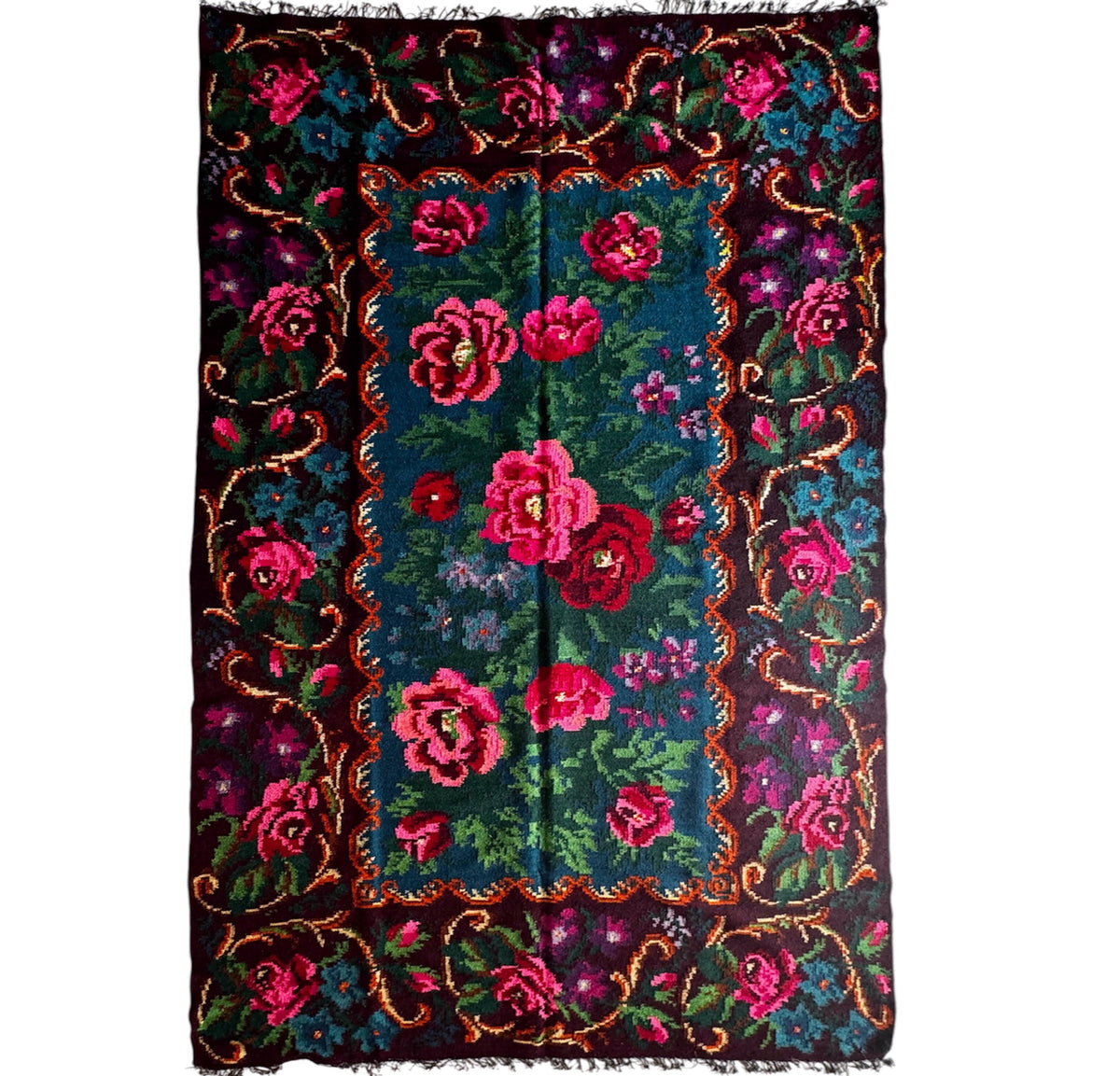Handwoven Blue Floral Bessarabian Wool Rug, 335x175 cm