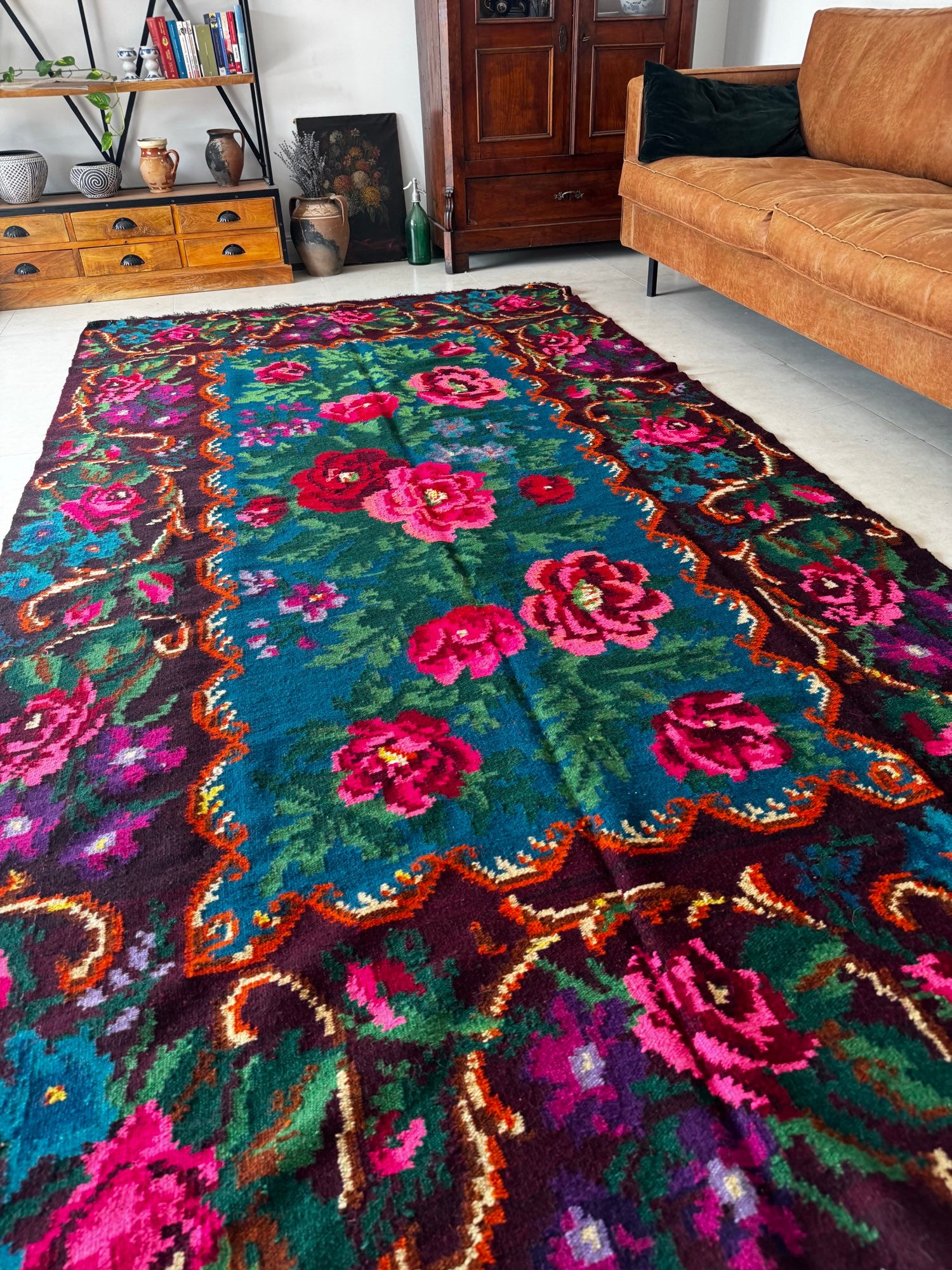 Handwoven Blue Floral Bessarabian Wool Rug, 335x175 cm, view 15