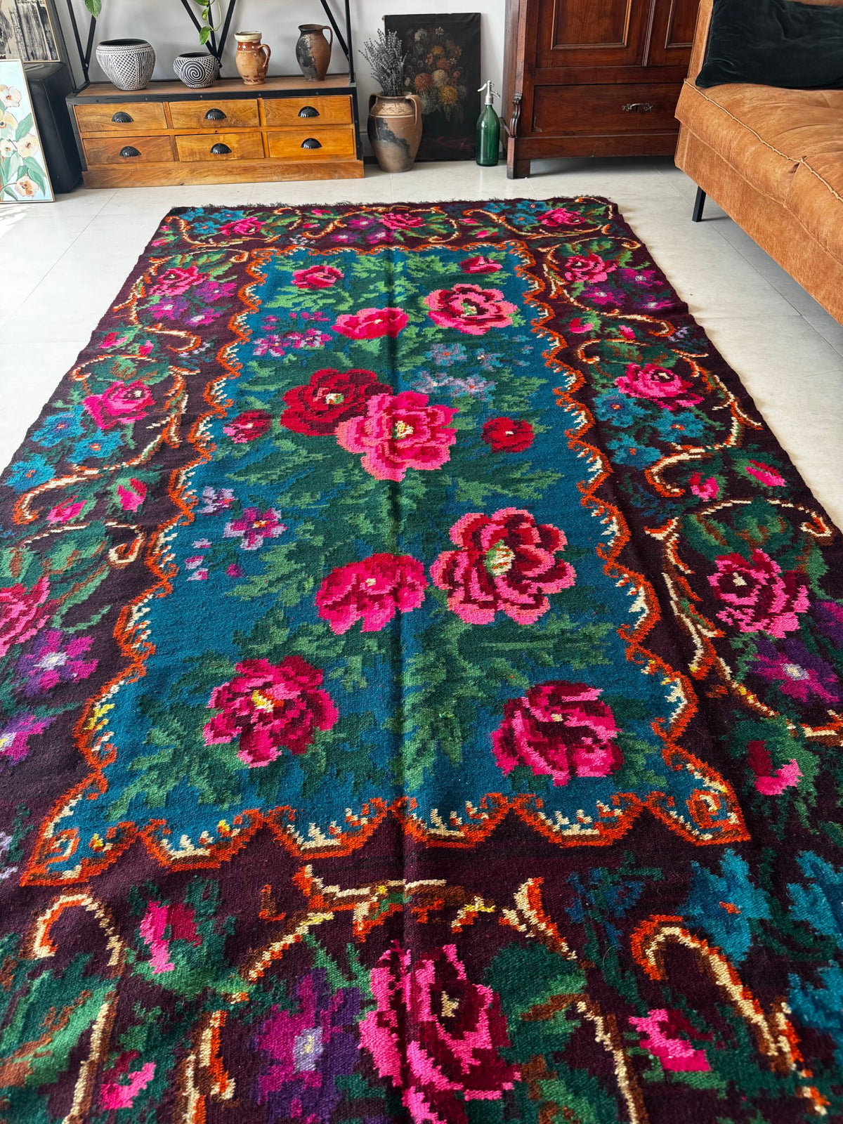 Handwoven Blue Floral Bessarabian Wool Rug, 335x175 cm, view 4