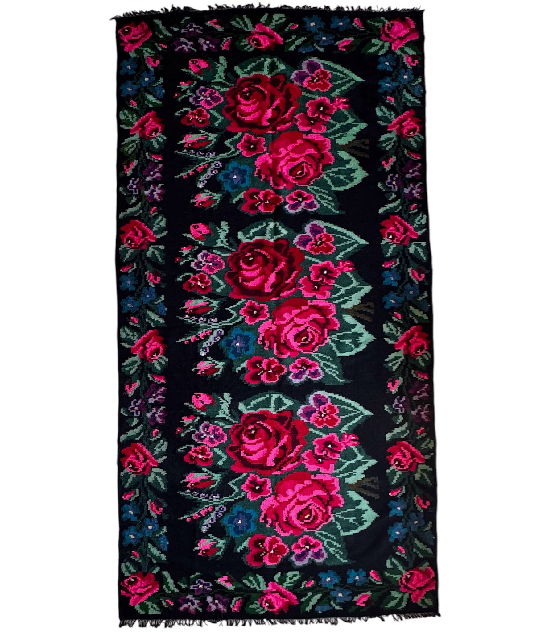 Handwoven Black Floral Bessarabian Wool Rug, 380x155 cm