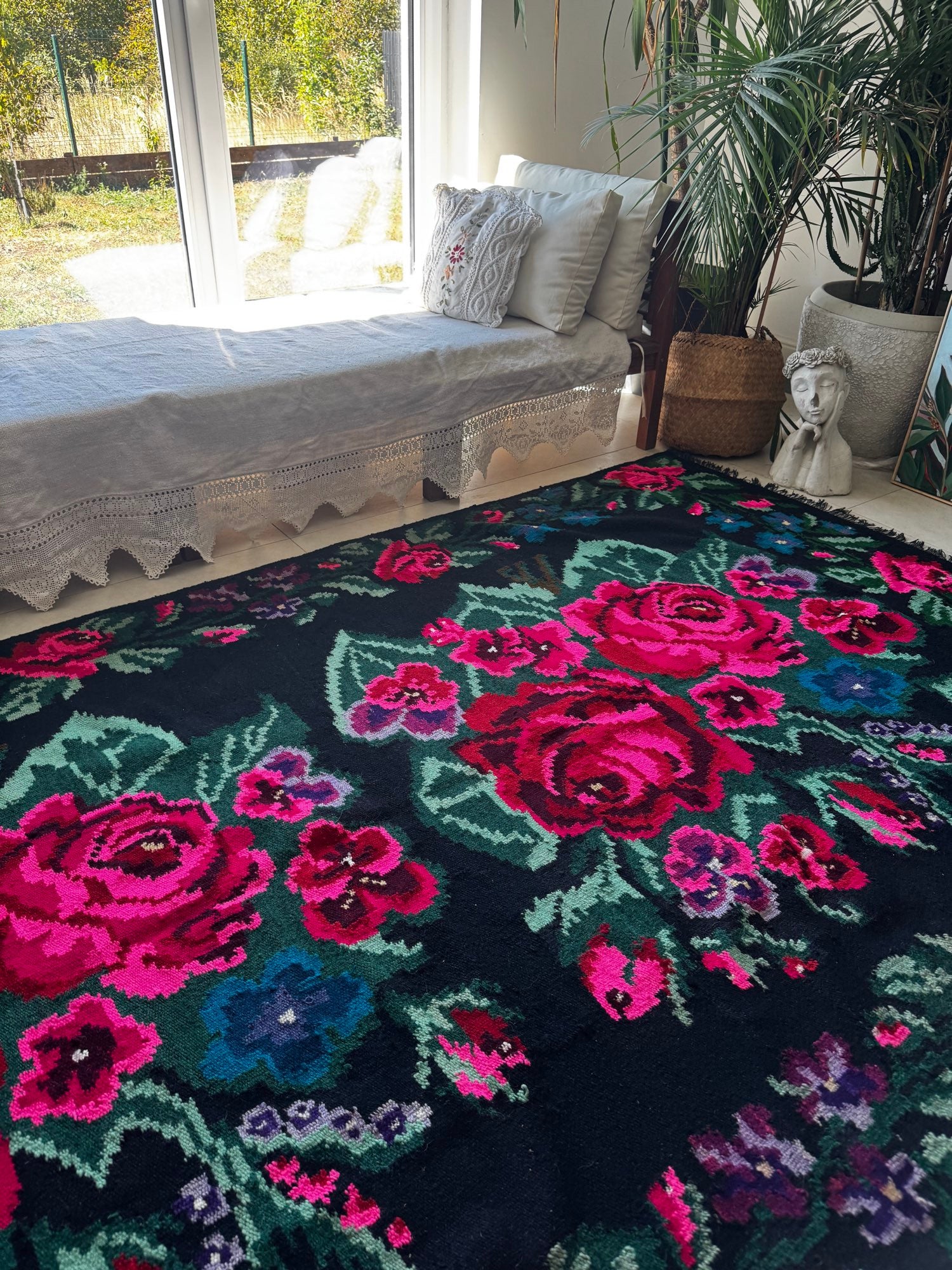 Handwoven Black Floral Bessarabian Wool Rug, 380x155 cm, view 11