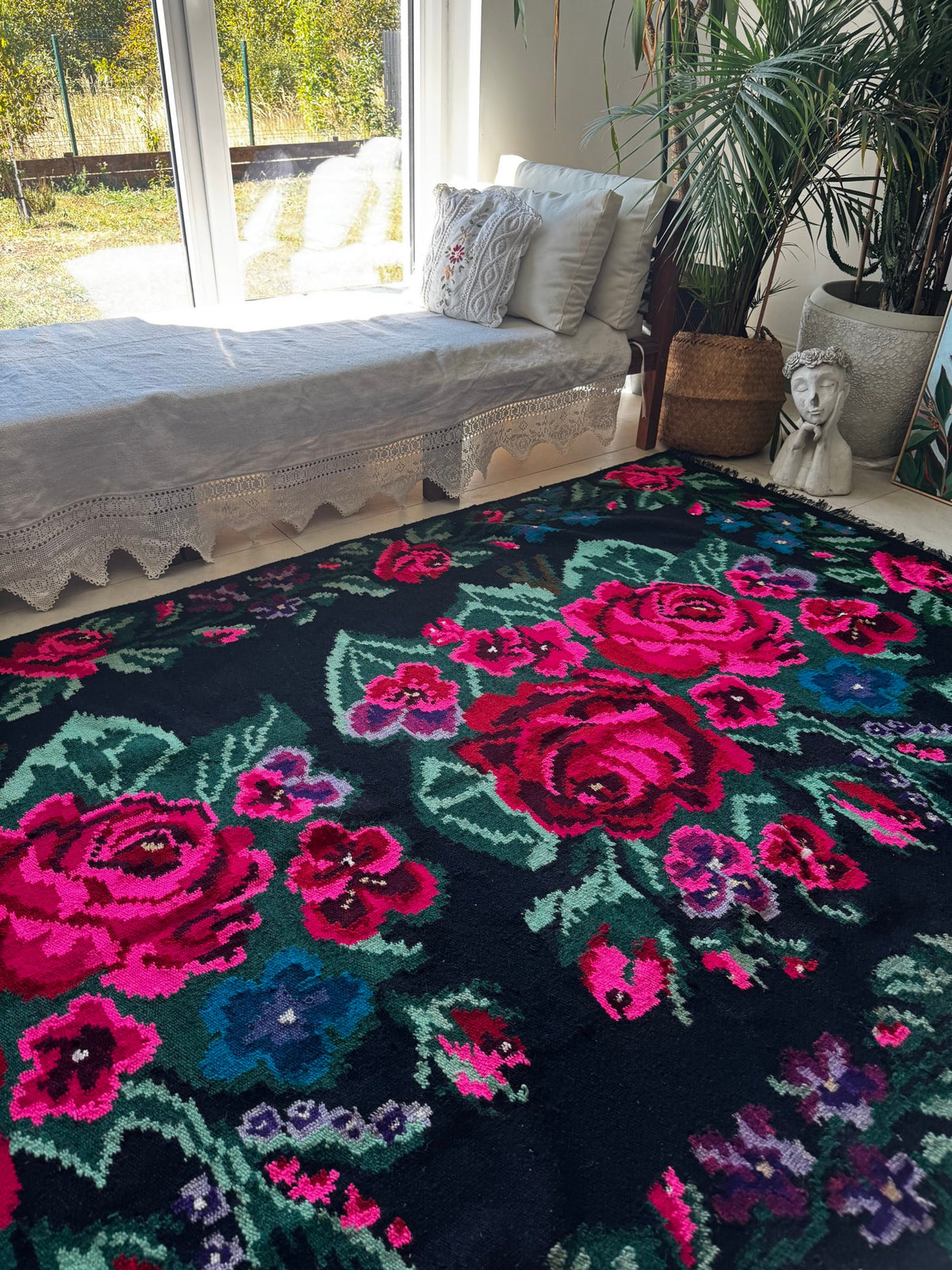 Handwoven Black Floral Bessarabian Wool Rug, 380x155 cm, view 11