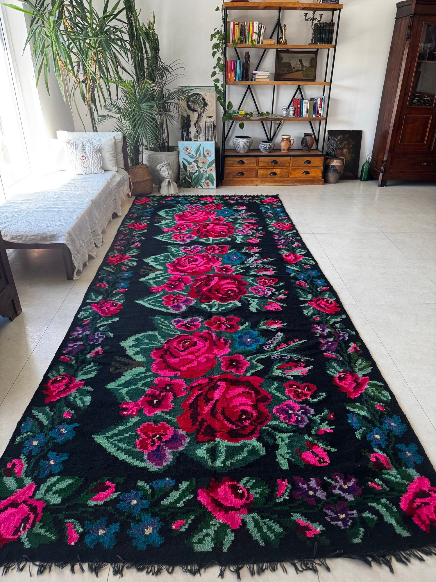 Handwoven Black Floral Bessarabian Wool Rug, 380x155 cm, view 12