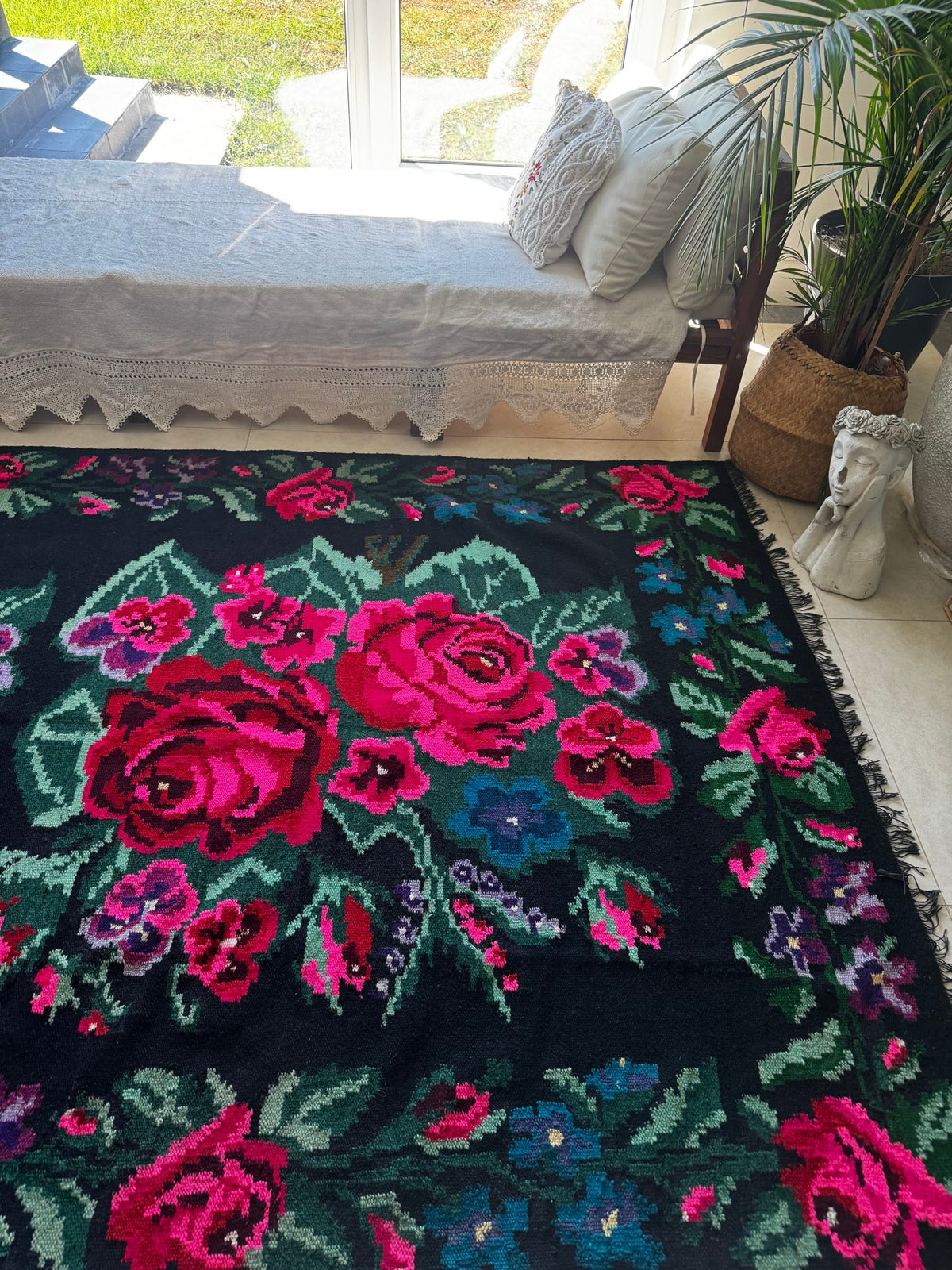 Handwoven Black Floral Bessarabian Wool Rug, 380x155 cm, view 13