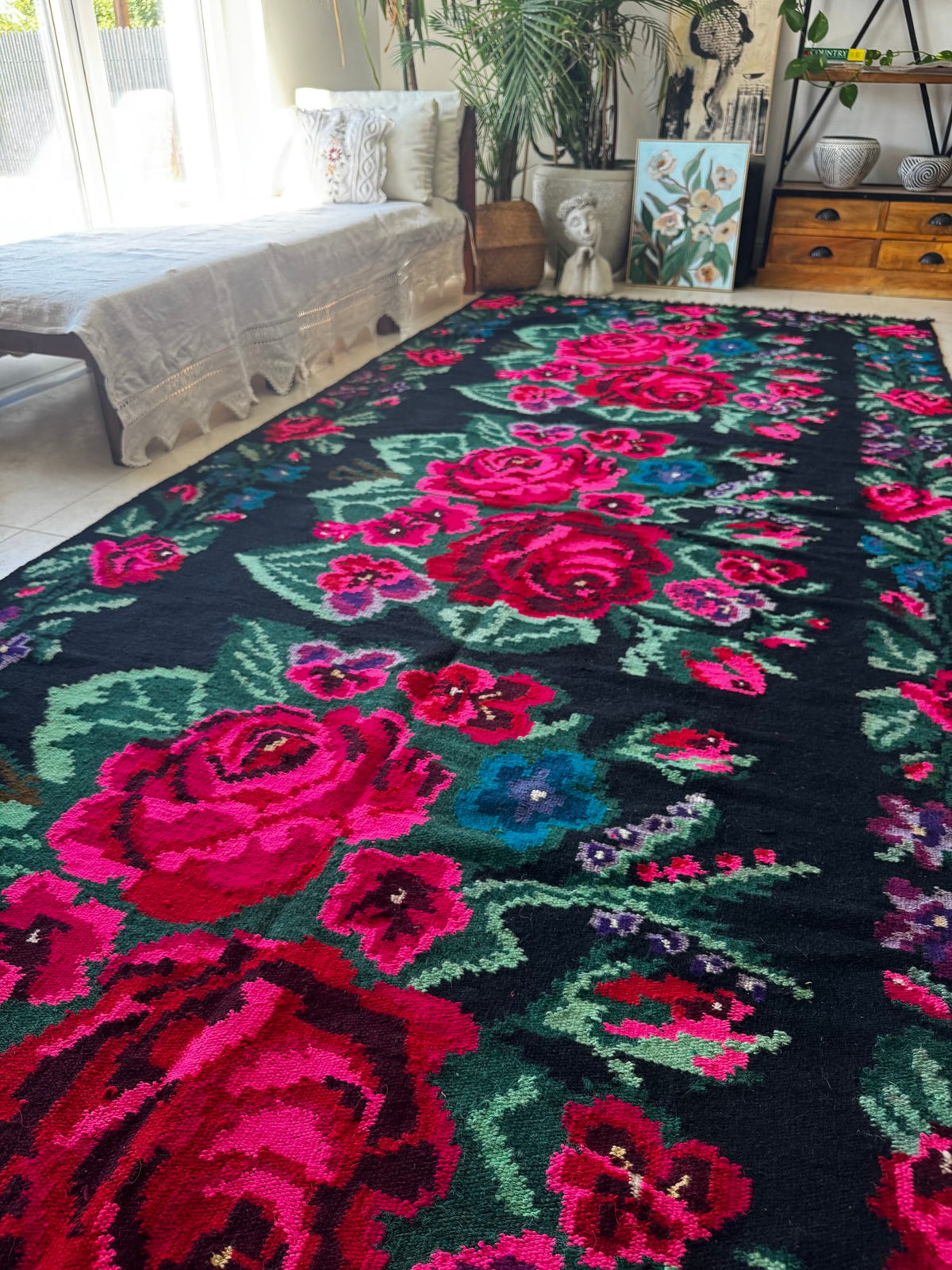 Handwoven Black Floral Bessarabian Wool Rug, 380x155 cm, view 2