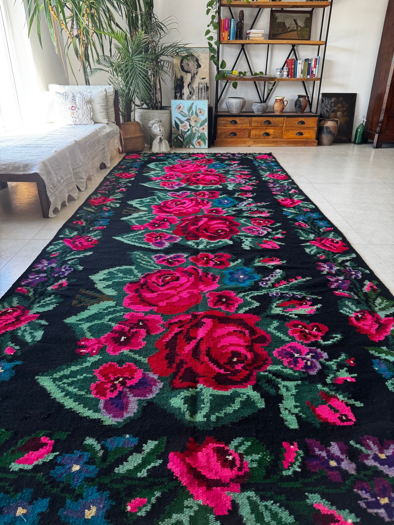 Handwoven Black Floral Bessarabian Wool Rug, 380x155 cm, view 3