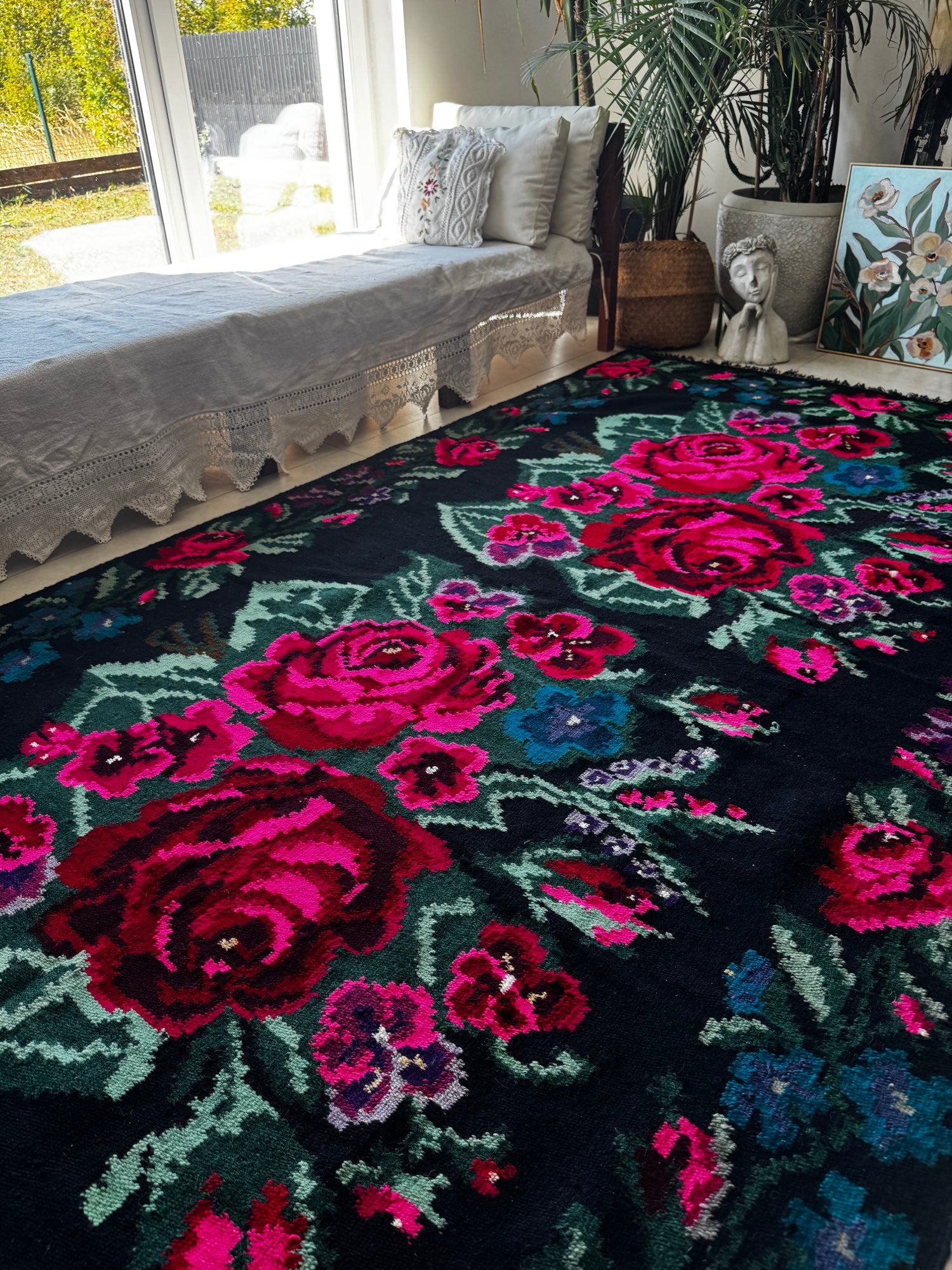 Handwoven Black Floral Bessarabian Wool Rug, 380x155 cm, view 4