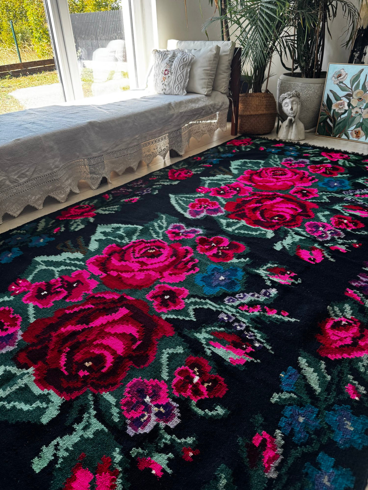 Handwoven Black Floral Bessarabian Wool Rug, 380x155 cm, view 4