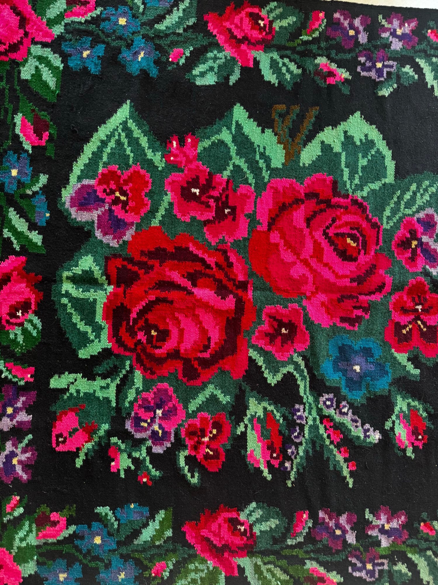 Handwoven Black Floral Bessarabian Wool Rug, 380x155 cm, view 5
