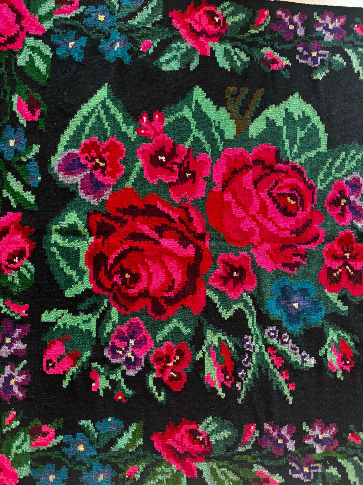 Handwoven Black Floral Bessarabian Wool Rug, 380x155 cm, view 5