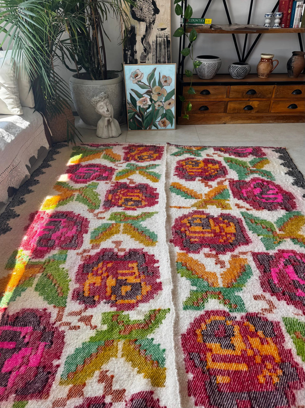Handwoven Floral Bistrița Wool Cerga Bedspread, 205x175 cm, view 7