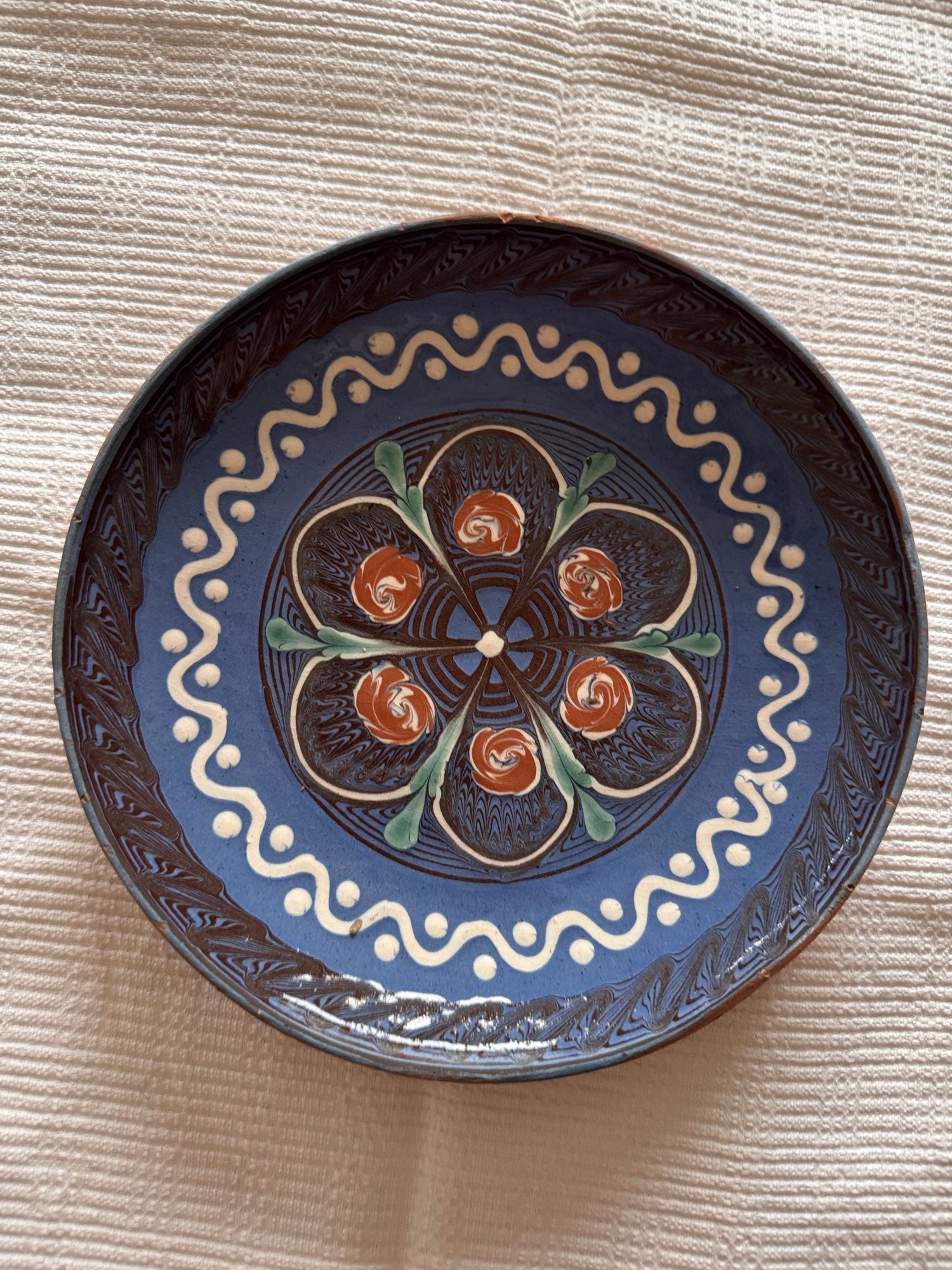 Blue Horezu Clay Plate, Handmade Floral Pottery, 21 cm, view 6