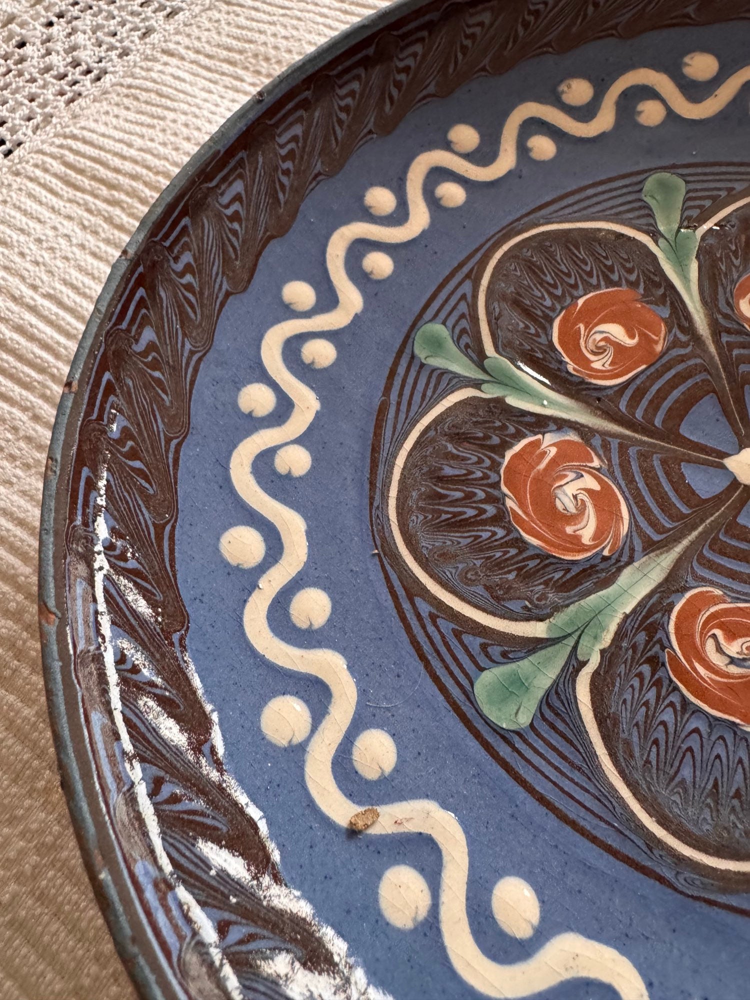Blue Horezu Clay Plate, Handmade Floral Pottery, 21 cm, view 7