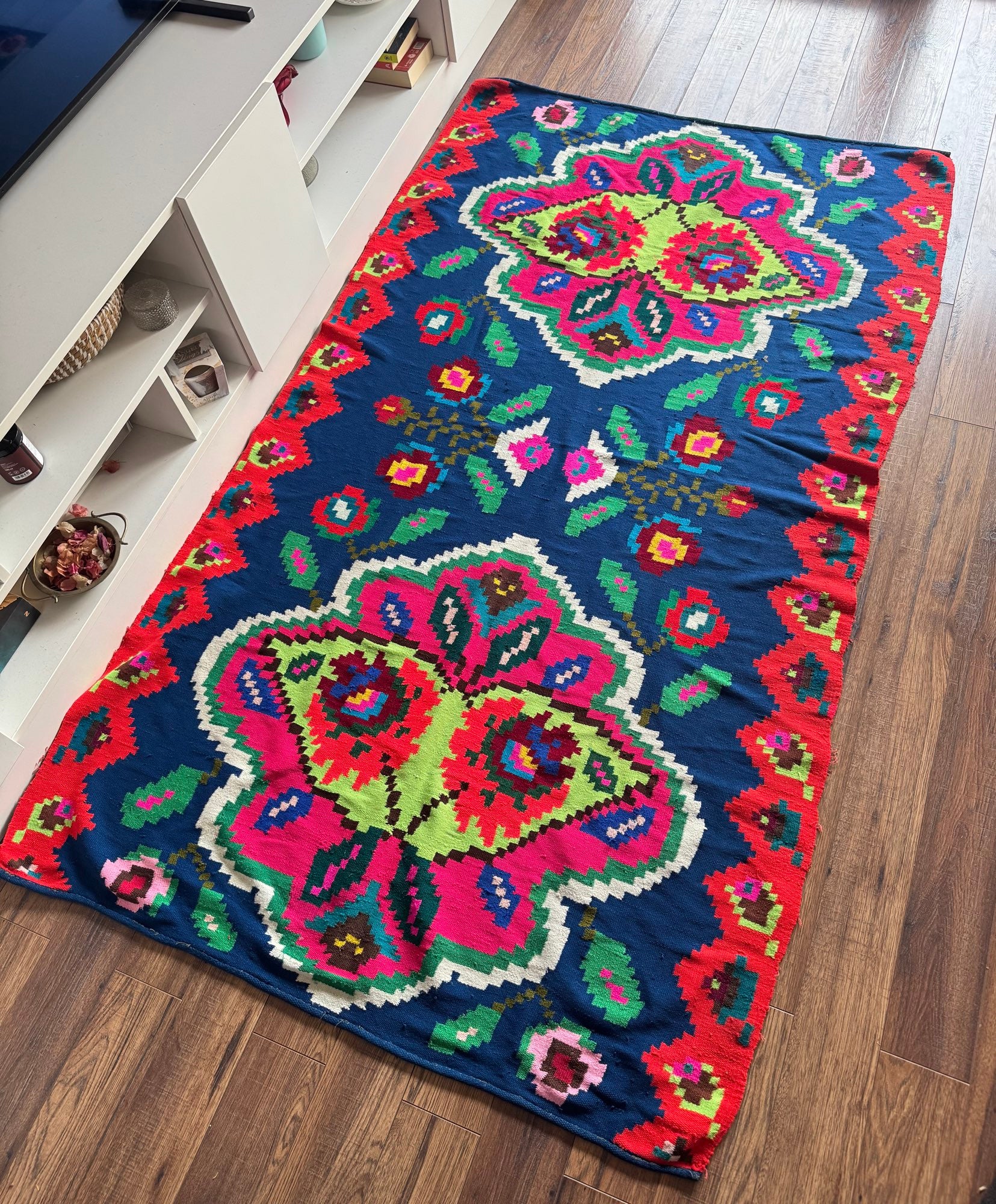 Vintage Blue Floral Maramureș Kilim Rug, 210x120 cm, view 14