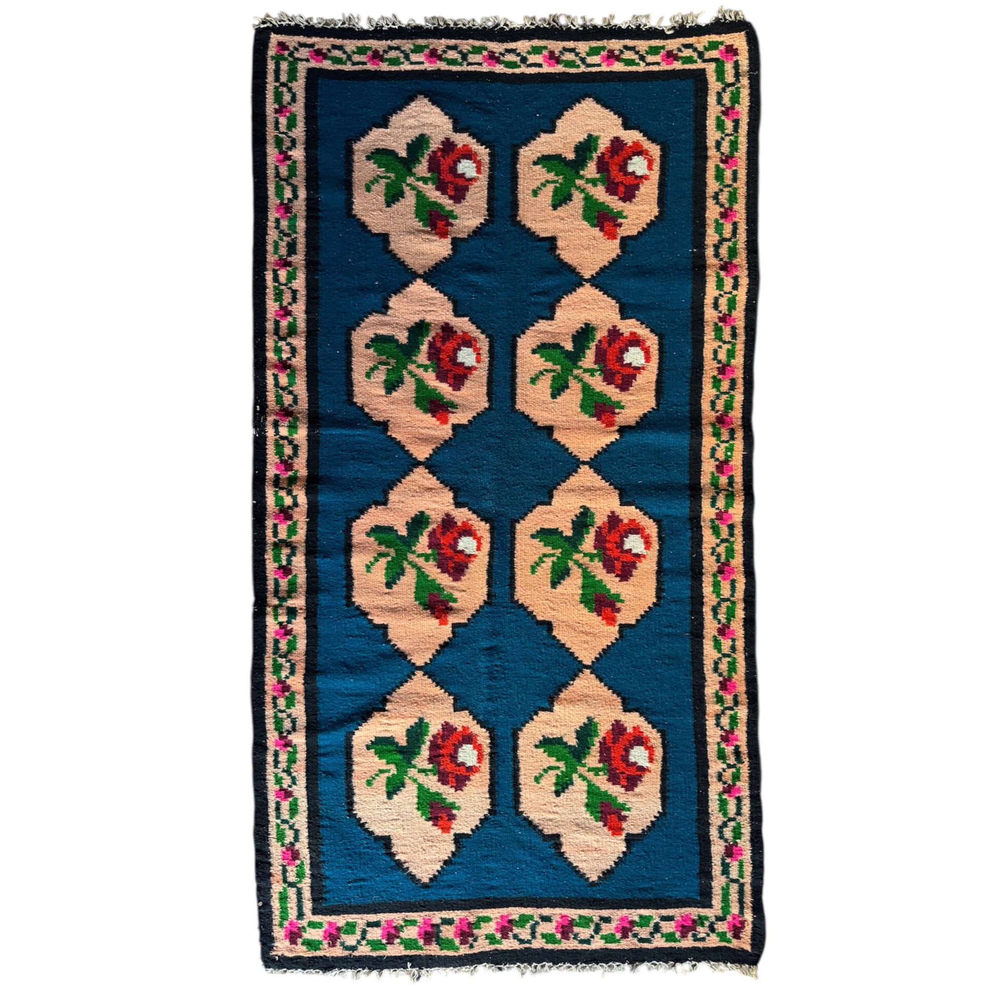 Vintage Blue Floral Romanian Wool Rug, 195x90 cm