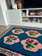 Vintage Blue Floral Romanian Wool Rug, 195x90 cm, view 12