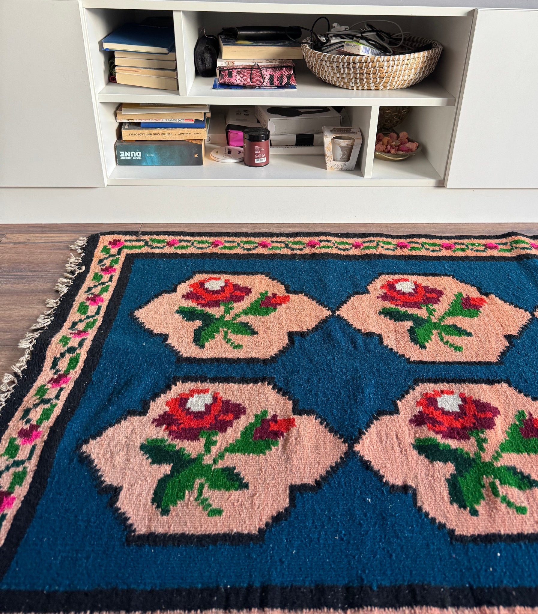 Vintage Blue Floral Romanian Wool Rug, 195x90 cm, view 15