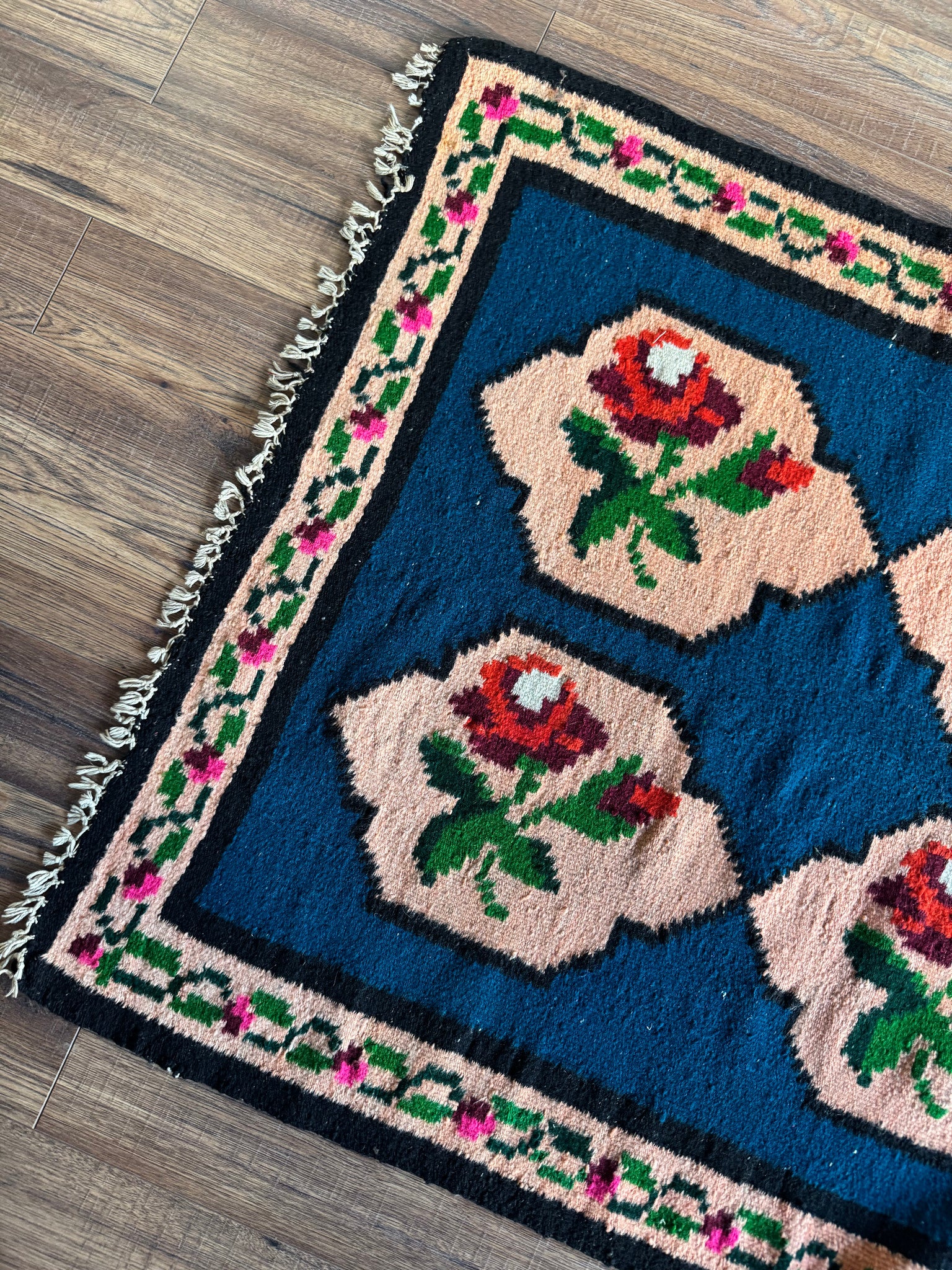 Vintage Blue Floral Romanian Wool Rug, 195x90 cm, view 2