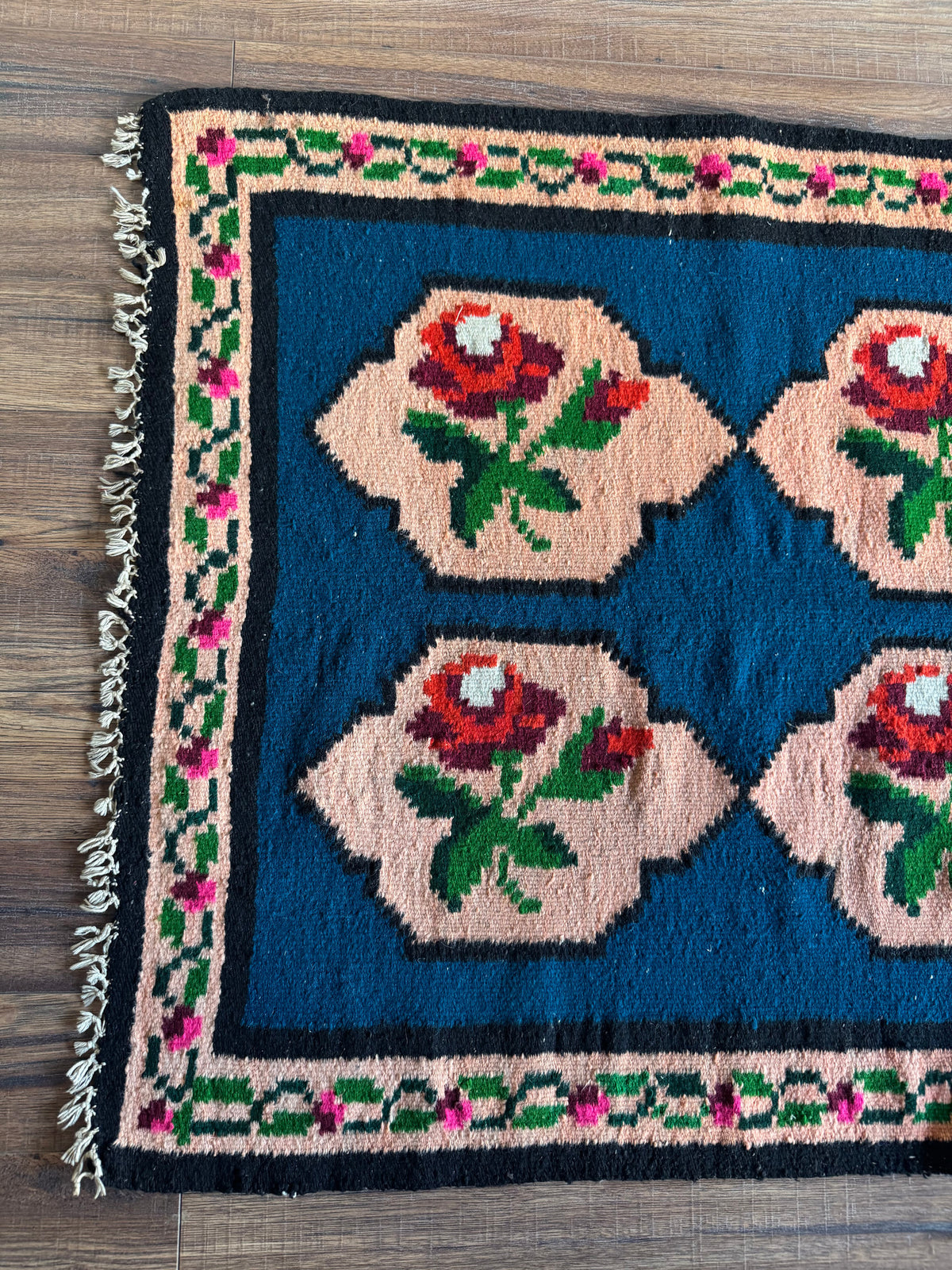 Vintage Blue Floral Romanian Wool Rug, 195x90 cm, view 3