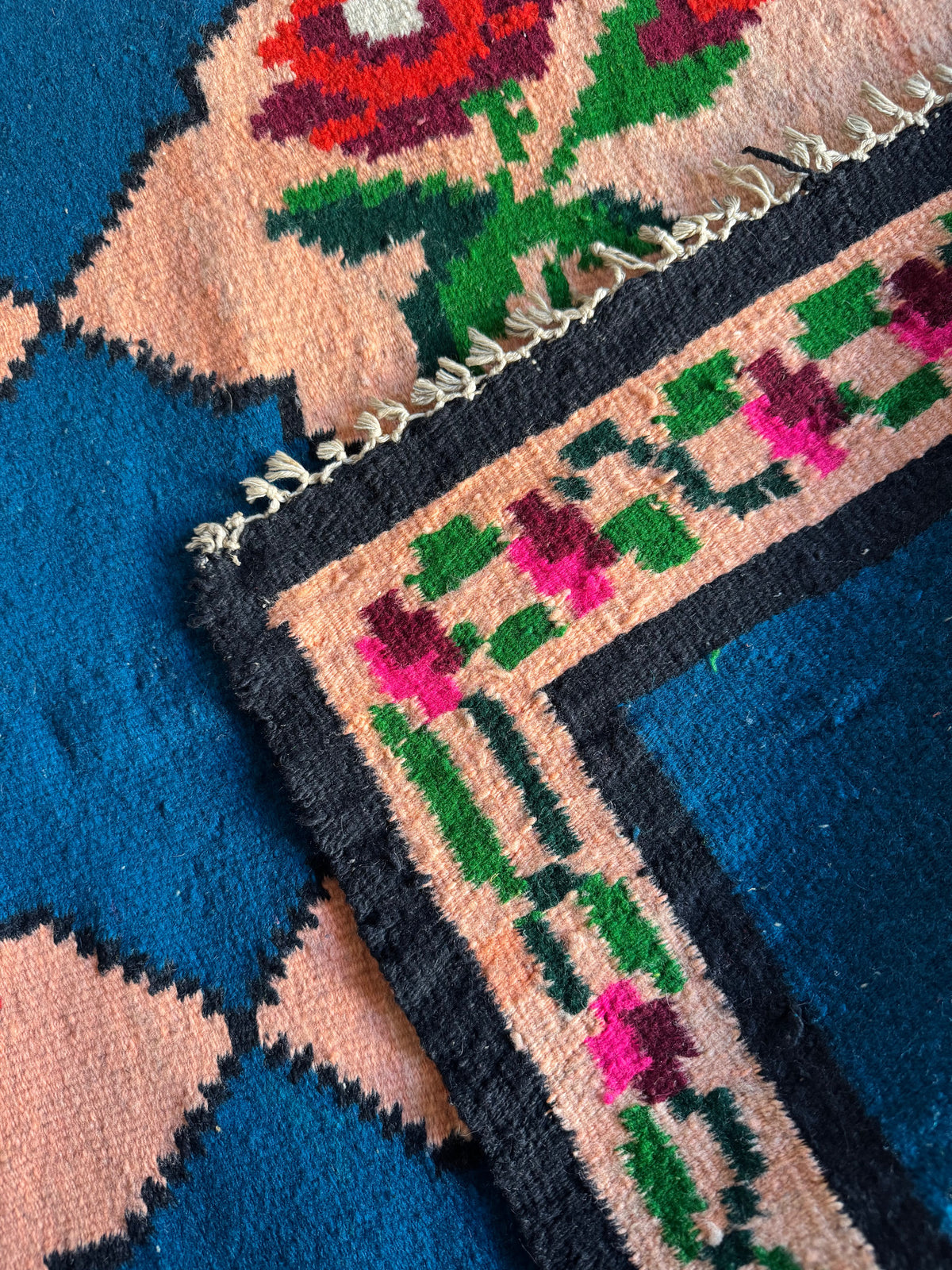 Vintage Blue Floral Romanian Wool Rug, 195x90 cm, view 4