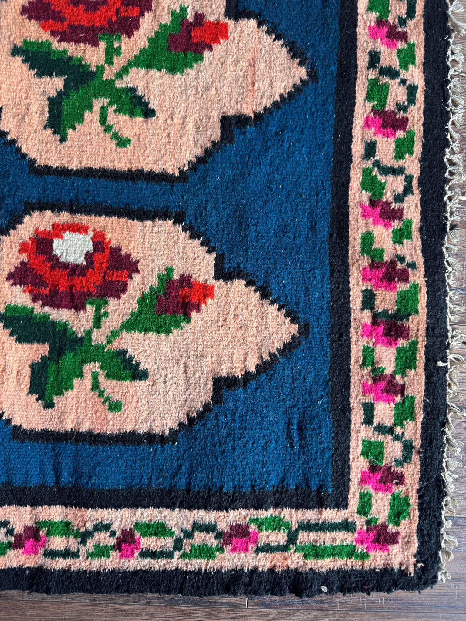 Vintage Blue Floral Romanian Wool Rug, 195x90 cm, view 8